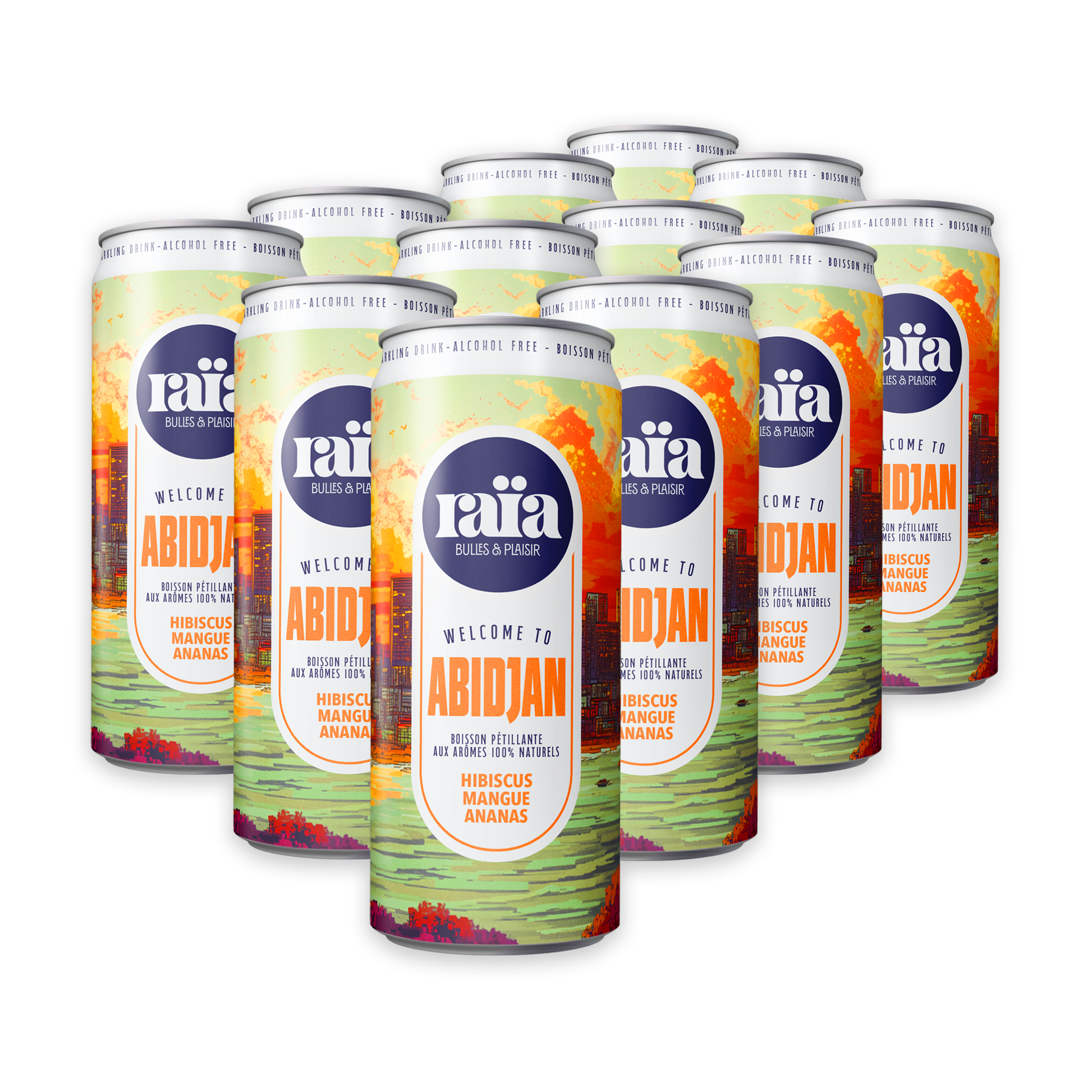 Pack de 12 canettes Raïa ABIDJAN boisson pétillante hibiscus mangue ananas 33cl saveurs africaines