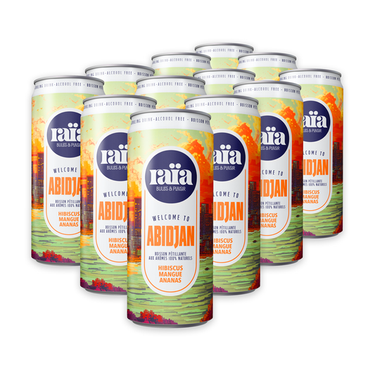 Pack de 12 canettes Raïa ABIDJAN boisson pétillante hibiscus mangue ananas 33cl saveurs africaines