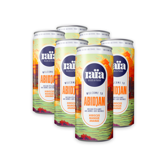 Pack de 6 canettes Raïa ABIDJAN boisson pétillante hibiscus mangue ananas 33cl saveurs africaines