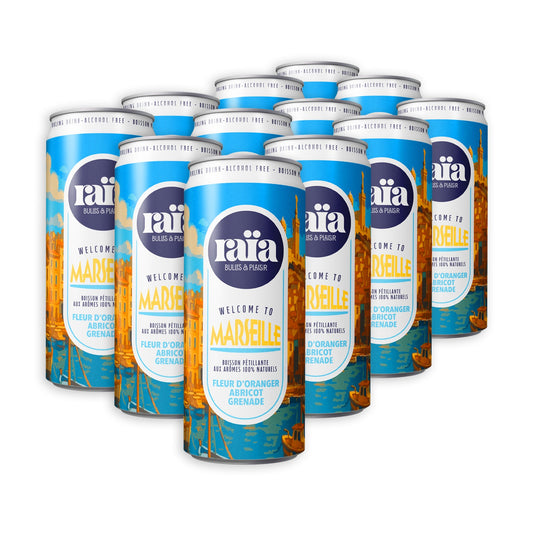 Pack de 12 canettes Raïa MARSEILLE boisson pétillante fleur d'oranger abricot grenade 33cl saveurs méditerranéennes