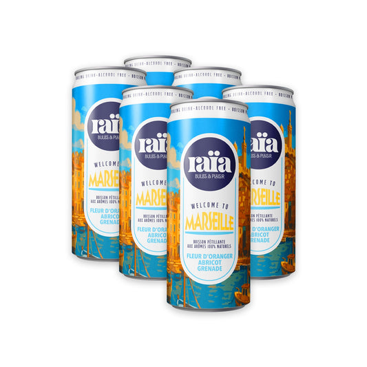 Pack de 6 canettes Raïa MARSEILLE boisson pétillante fleur d'oranger abricot grenade 33cl saveurs méditerranéennes