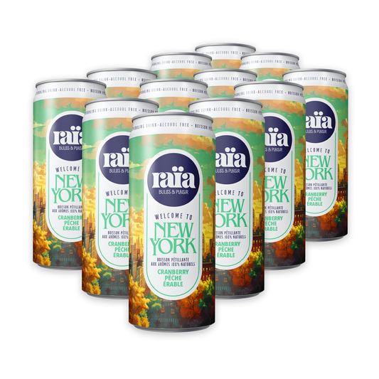 Pack de 12 canettes Raïa NEW YORK boisson pétillante cranberry pêche érable 33cl