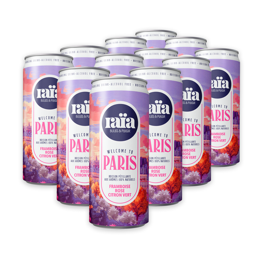 Pack de 12 canettes Raïa PARIS boisson pétillante framboise rose citron vert 33cl saveurs françaises