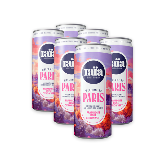 Pack de 6 canettes Raïa PARIS boisson pétillante framboise rose citron vert 33cl saveurs françaises
