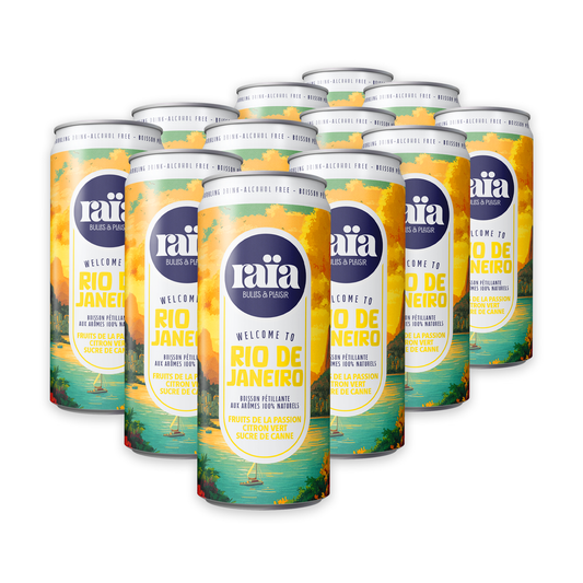 Pack de 12 canettes Raïa RIO DE JANEIRO boisson pétillante fruit passion citron vert 33cl saveurs brésiliennes