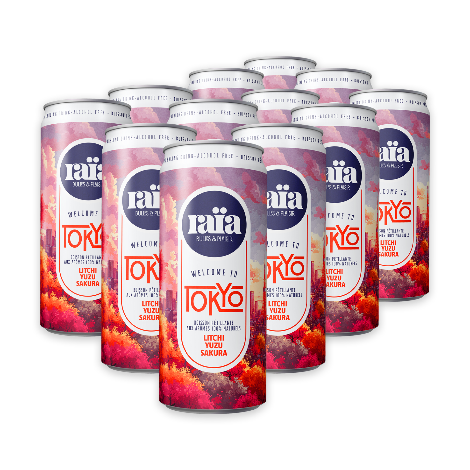 Pack de 12 canettes Raïa TOKYO boisson pétillante litchi yuzu sakura 33cl saveurs japonaises